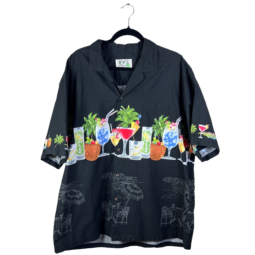 90s KY'S Hawaiian Shirt Men's XL Black Tropical Resortwear